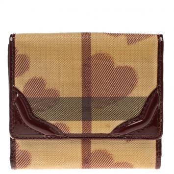 Pre Owned Burberry Burgundy Nova Check Canvas Heart Compact Wallet
