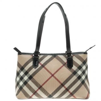 Pre Owned Burberry Beige/Black Nova Check Coated Canvas Nickie Tote