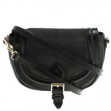 Pre Owned Burberry Black Check Nylon and Leather Crossbody Bag