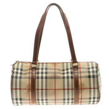 Pre Owned Burberry Copper Haymarket Check PVC Barrel Bag