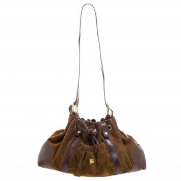 Pre Owned Burberry Brown Suede and Leather Drawstring Hobo