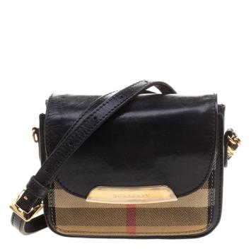 Pre Owned Burberry Black House Check Leather Crossbody Bag