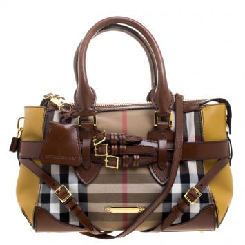 Pre Owned Burberry Gold/Brown House Check Fabric and Leather Small Gladstone Tote