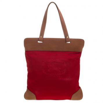 Pre Owned Burberry Red/Brown Canvas and Leather Stowell Roll Up Tote