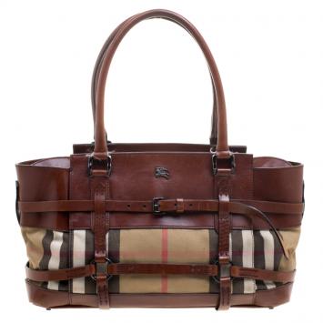 Pre Owned Burberry Brown Leather Bridle House Check Canvas Satchel