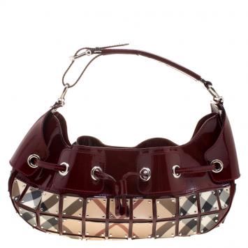 Pre Owned Burberry Burgundy Super Nova Check Mini Warrior Studded Hobo