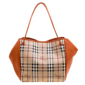 Pre Owned Burberry Orange Haymarket Check Coated Canvas Small Knots Canterbury Tote