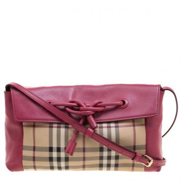 Pre Owned Burberry Pink Haymarket Check PVC and Leather Crossbody Bag