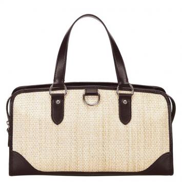 Pre Owned Burberry Bi Color Woven Straw/Leather Satchel Bag
