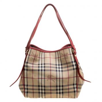 Pre Owned Burberry Red Haymarket Check PVC Small Canterbury Tote