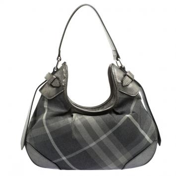 Pre Owned Burberry Grey Shimmering Nova Check Canvas and Leather Fairby Hobo
