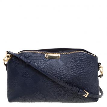 Pre Owned Burberry Navy Blue Grain Leather Crossbody Bag