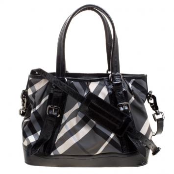 Pre Owned Burberry Black Beat Check Nylon and Patent Leather Medium Lowry Tote