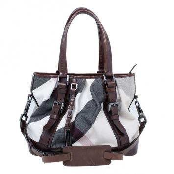Pre Owned Burberry Mega Check Canvas Lowry Tote
