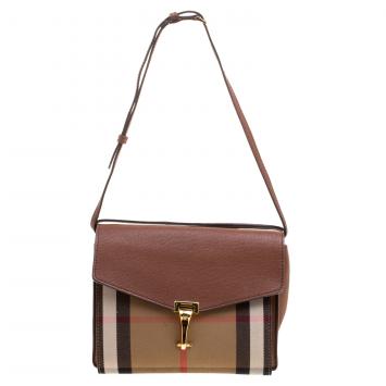 Pre Owned Burberry Brown House Check Fabric and Leather Crossbody Bag