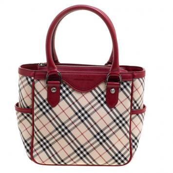 Pre Owned Burberry Red Nova Check Fabric Tote