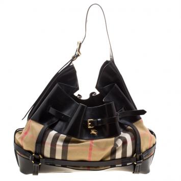 Pre Owned Burberry Metallic Black House Check Fabric and Leather Bridle Hobo