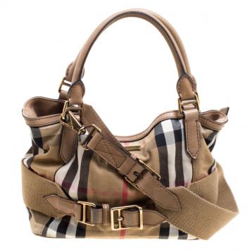 Pre Owned Burberry Beige House Check Fabric and Leather Tote