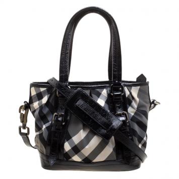 Pre Owned Burberry Black Beat Check Nylon and Patent Leather Small Lowry Tote