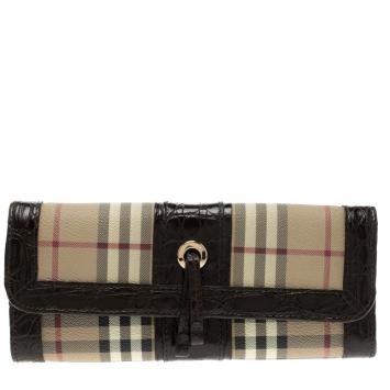 Pre Owned Burberry Beige/Brown Haymarket Coated Canvas and Alligator Trim Clutch