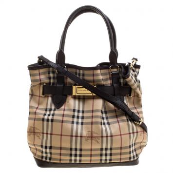 Pre Owned Burberry Beige/Brown Heymarket Coated Canvas Belt Tote