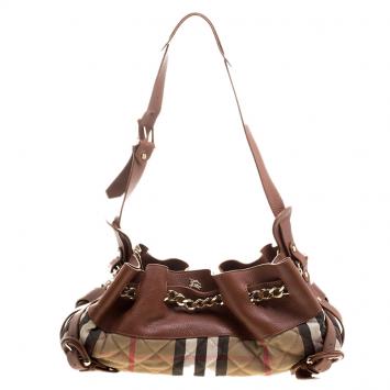 Pre Owned Burberry Brown/Beige Leather and Quilted House Check Margaret Shoulder Bag