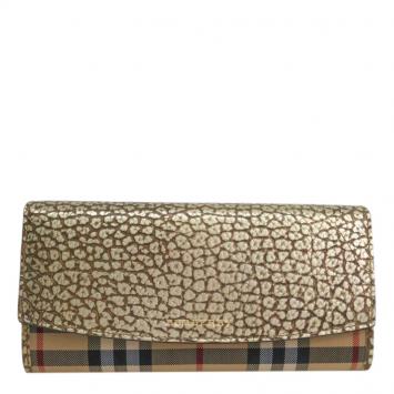 Pre Owned Burberry Gold Horseferry Check Canvas/Leather Porter Continental Wallet