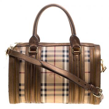 Pre Owned Burberry Bronze Haymarket Canvas and Leather Medium Alchester Bowling Bag