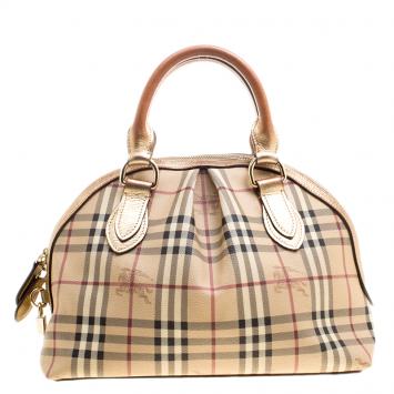 Pre Owned Burberry Gold Haymarket Check PVC and Leather Thornley Bowling Bag