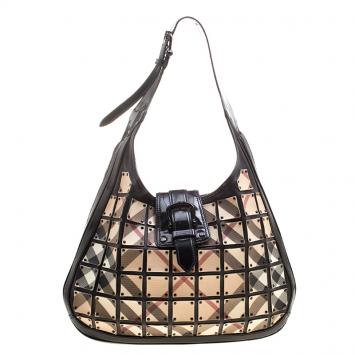 Pre Owned Burberry Black Nova Check PVC and Leather Brooke Warrior Hobo