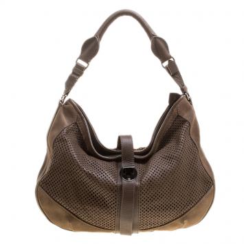 Pre Owned Burberry Khaki Perforated Leather and Suede Bartow Hobo
