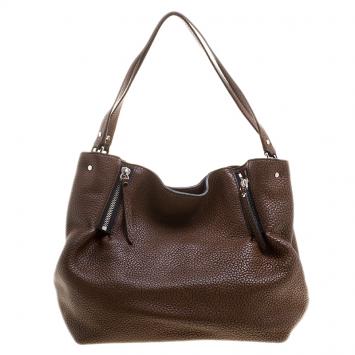 Pre Owned Burberry Brown Textured Leather Zip Detail Tote