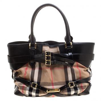 Pre Owned Burberry Black House Check Fabric and Leather Small Gladstone Tote