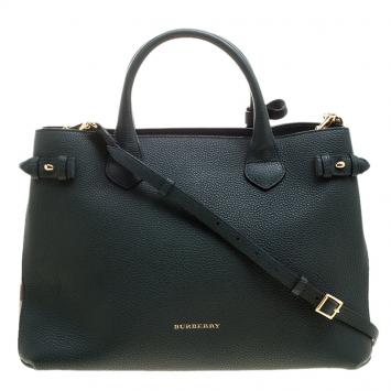 Pre Owned Burberry Green Leather and House Check Medium Banner Tote