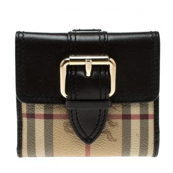 Pre Owned Burberry Brown Haymarket Check Canvas and Leather Trifold Compact Wallet