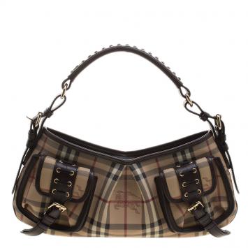 Pre Owned Burberry Beige/Brown Haymarket Canvas and Leather Shoulder Bag