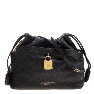 Pre Owned Burberry Black Leather Drawstring Crossbody Bag