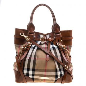 Pre Owned Burberry Brown House Check Fabric Bridle Whipstitch Tote