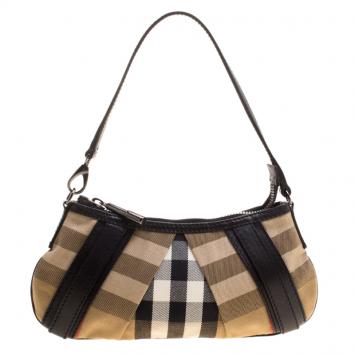 Pre Owned Burberry Black House Check Fabric and Leather Shoulder Bag
