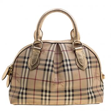 Pre Owned Burberry Gold Haymarket Check PVC and Leather Thornley Bowling Bag