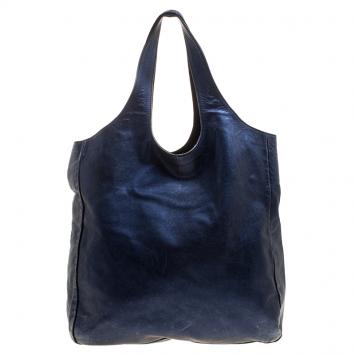 Pre Owned Burberry Metallic Blue Leather Shopper Tote