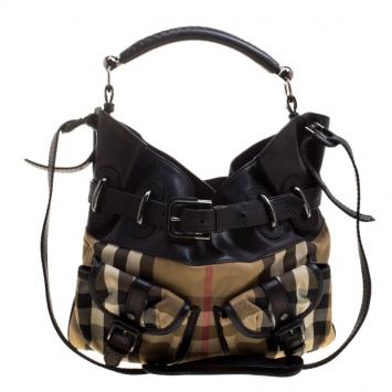 Pre Owned Burberry Black House Check Fabric and Leather Front Pocket Hobo