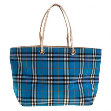 Pre Owned Burberry Blue Nova Check Nylon Tote