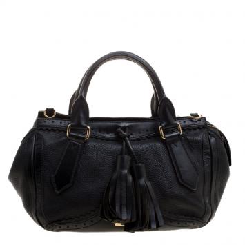 Pre Owned Burberry Black Leather Logos Fringe 2 Way Hand Shoulder Tote