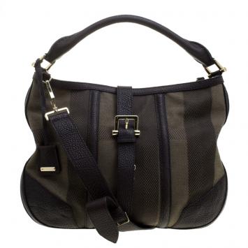 Pre Owned Burberry Brown Check Canvas and Leather Shoulder Bag