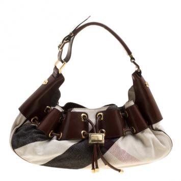 Pre Owned Burberry Brown Supernova Check Fabric  and Leather Warrior Hobo