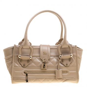 Pre Owned Burberry Beige Quilted Leather Manor Satchel