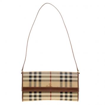 Pre Owned Burberry Beige/Brown Haymarket Check Coated Canvas Shoulder Bag