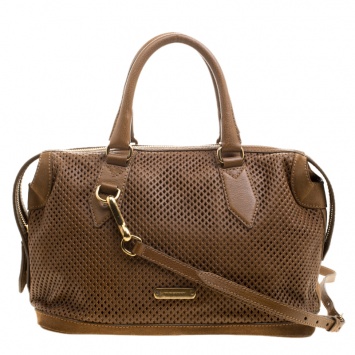 Pre Owned Burberry Brown Perforated Leather Medium Gilmore Satchel