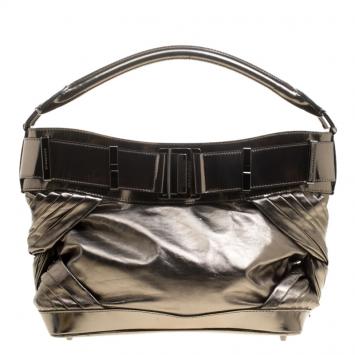 Pre Owned Burberry Metallic Bronze Leather Healy Hobo